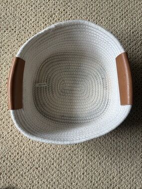 White Woven Rope Storage Basket with Brown Handles. Detachable with Snaps.